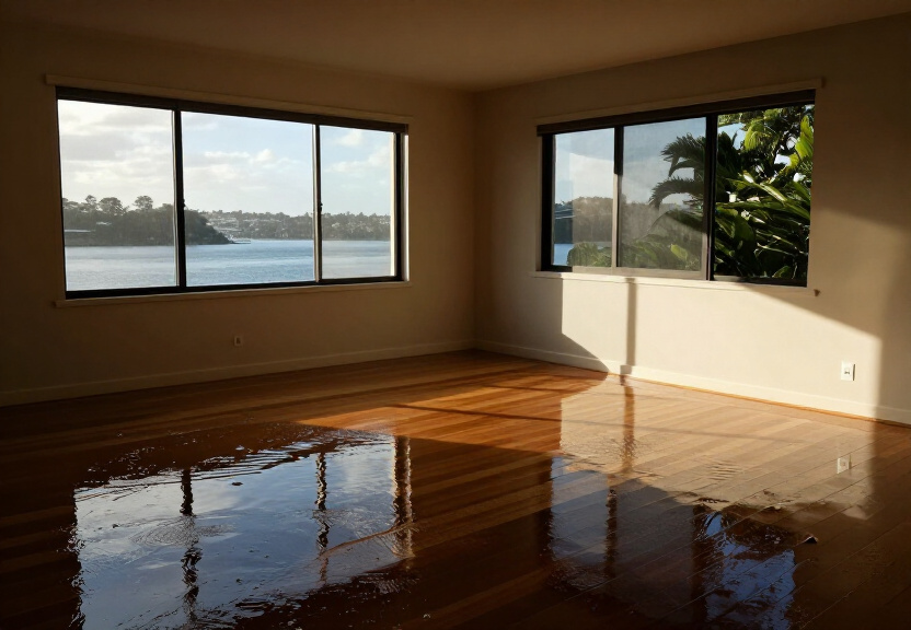 Flooded living room in Galston before restoration